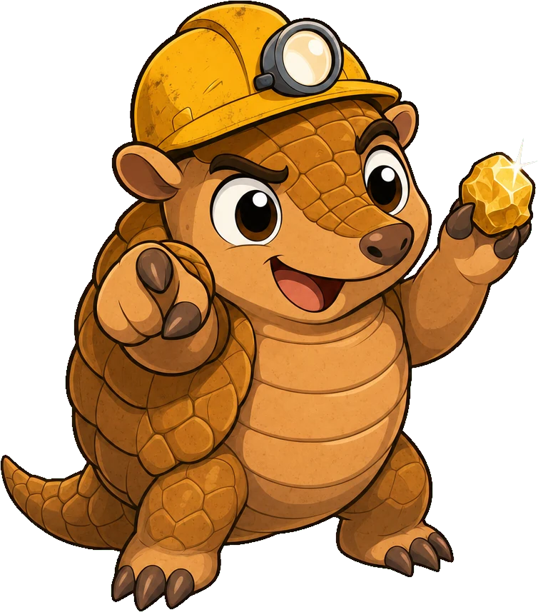 Tatu de capacete amarelo apontando para você e segurando uma pepita de ouro